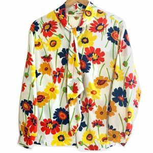 Vtg 60s White Multi Floral Ascot Tie Blouse LP